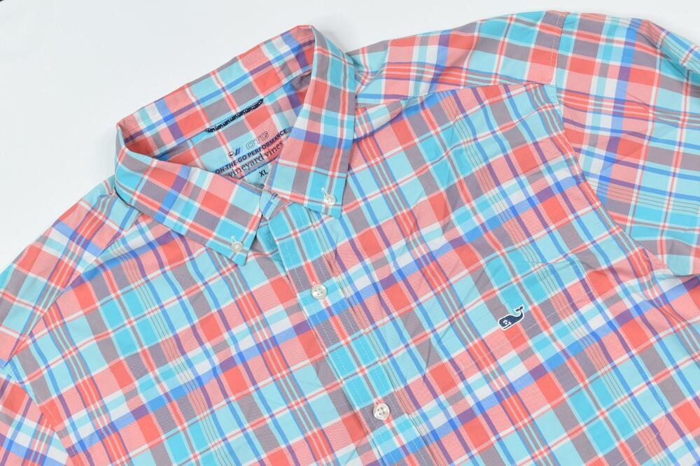 Vineyard Vines On the Go Shirt Mens XL Blue Coral Plaid Long Sleeve Stretch